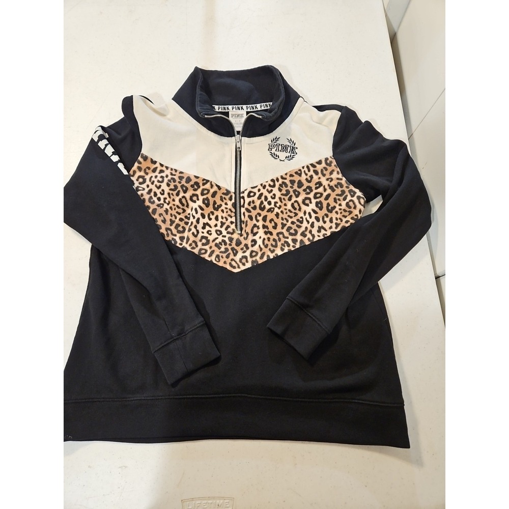 Victorias Secret PINK Sweatshirt Sz Smal Black Cheetah 1/4 zip Sweater (A1305)